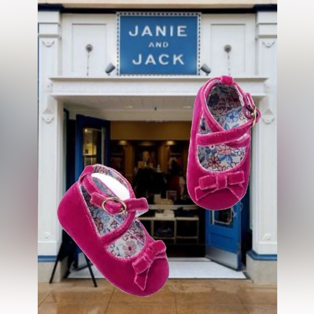 Janie and Jack Infant Girl Raspberry Velvet Bow Ankle Strap Shoes 3-6 M MSRP $42